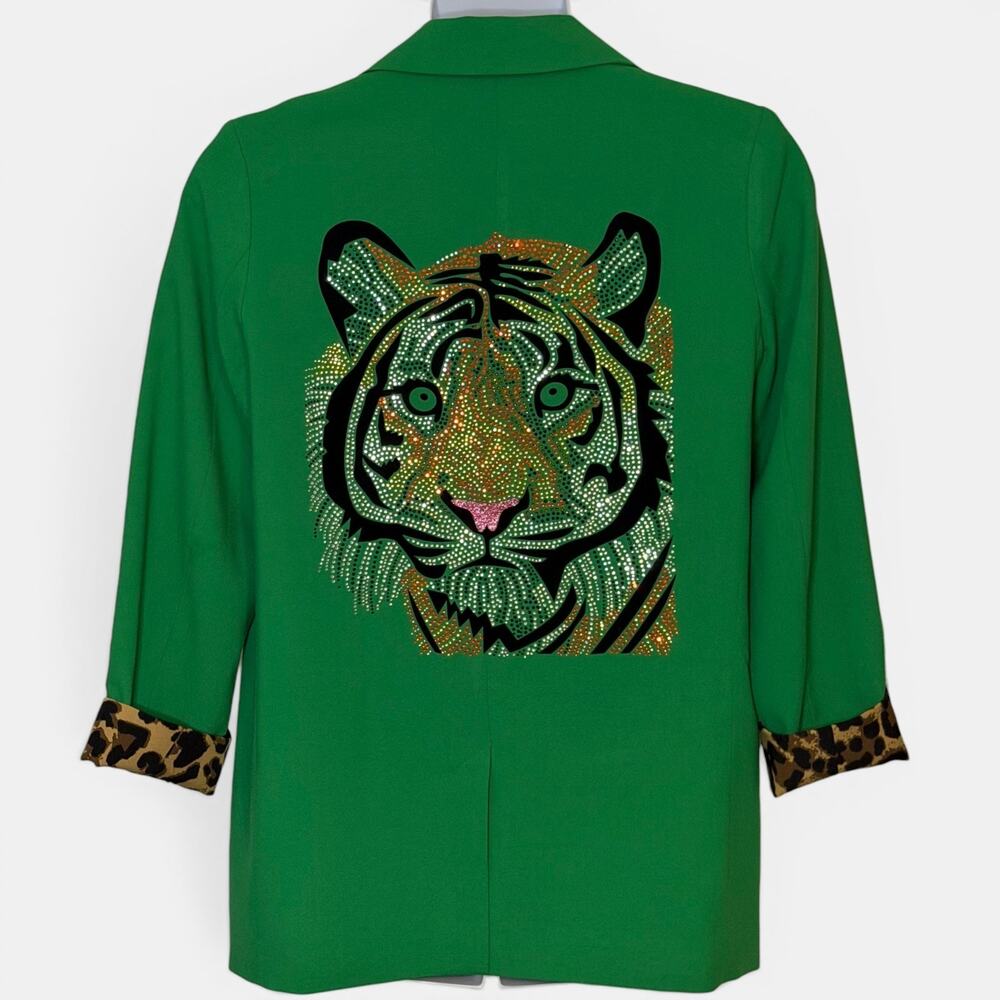 Moving Forward Tiger Blazer Size L Kelly Green Rhinestone Mob Wife Leopard Lined - Picture 2 of 10